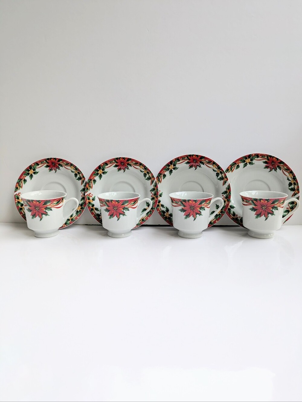 4 Poinsettia by Sunflower Cup and Saucer Sets Festive Christmas Holiday Teacups